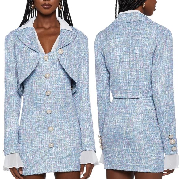 Dolls Kill Jackets & Blazers - Dolls Kill x Sugar Thrillz - 'Best Dressed’ Tweed Cropped Blazer - Blue, Medium